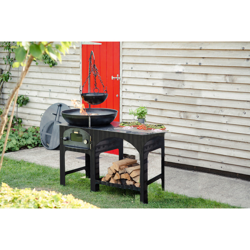 Complete Outdoor Kitchen Firepits UK woodlands side view with logs and food