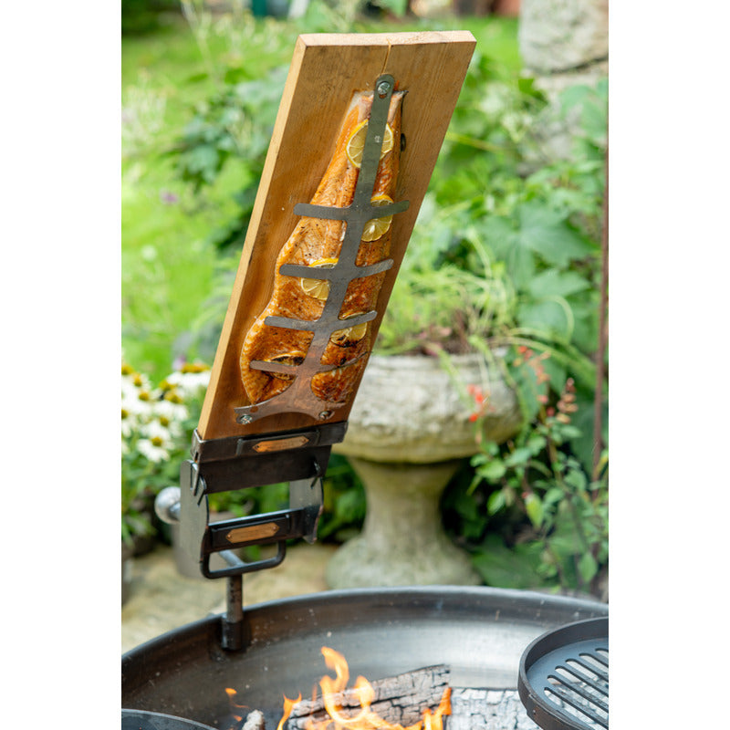 Firepits UK Smoking Plank with salmon over fire