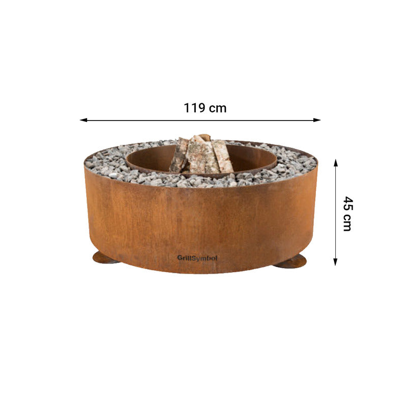 GrillSymbol Corten Steel Fire Pit Luna, ø 119 cm dimensions