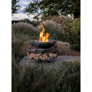 Firepits UK Ring of Logs 90 with Swing Arm BBQ Rack on decking