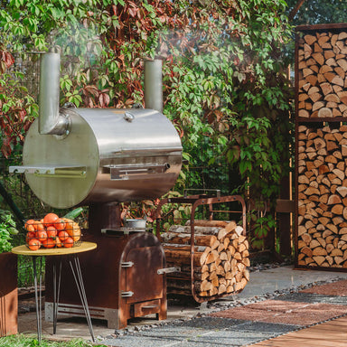 GrillSymbol BBQ Smoker Smoky Beast Silver outdoor with log storage