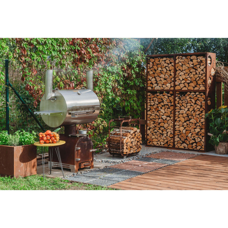 GrillSymbol BBQ Smoker Smoky Beast Silver outdoor with log storage 