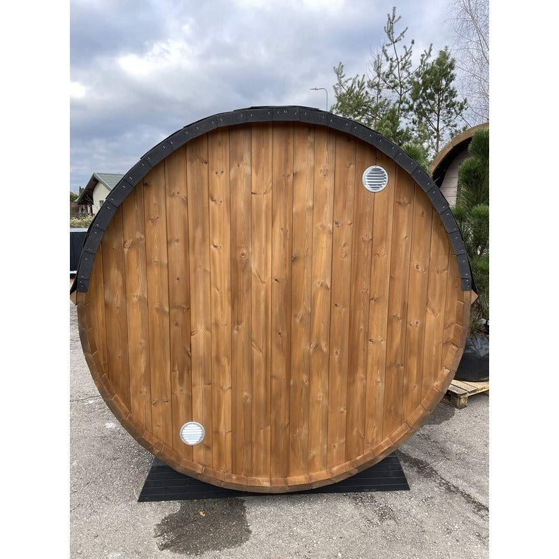 barrel sauna view of rear wood panel