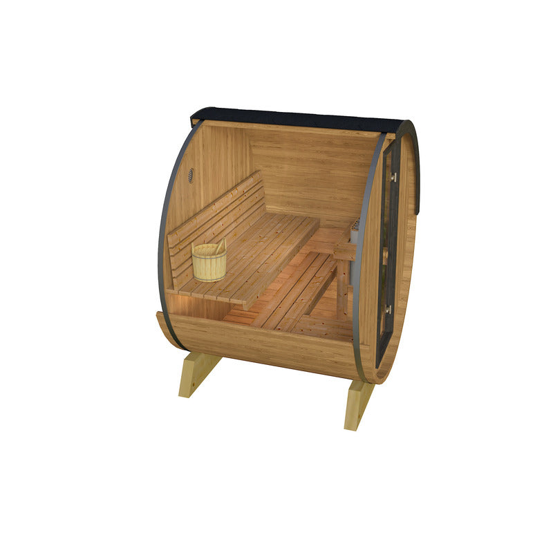 computer generated cross section of small barrel sauna