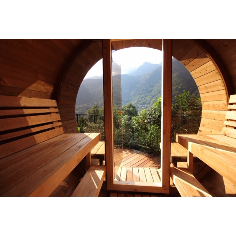 lifestyle image of view from barrel sauna