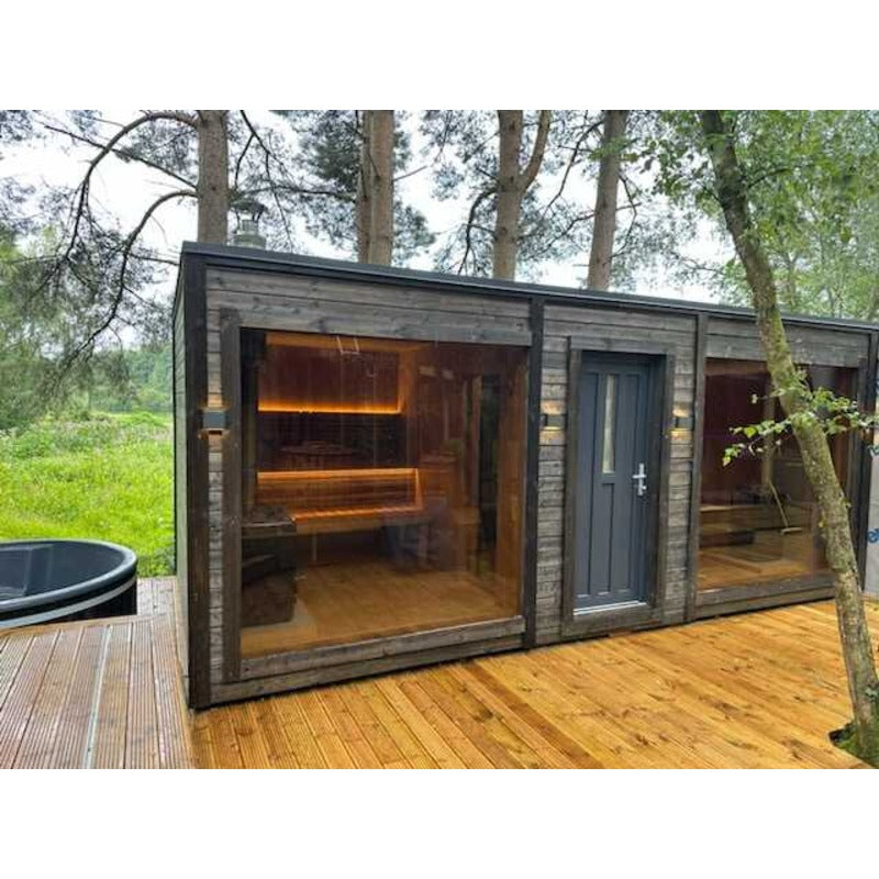 terrace sauna front view on wooden deck