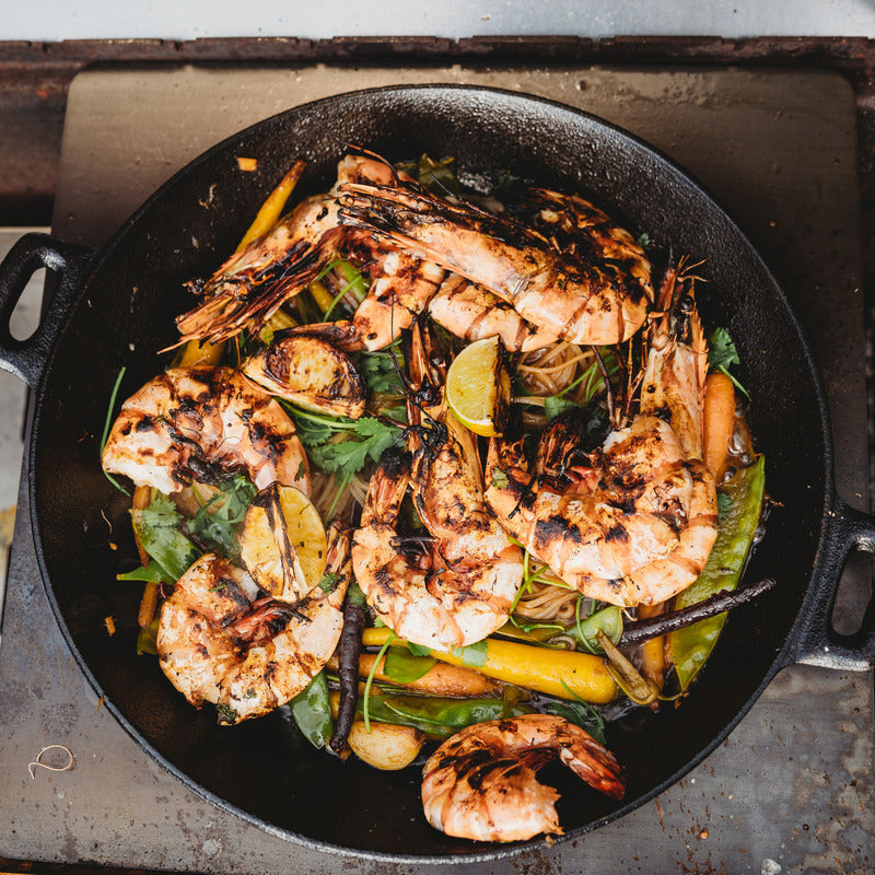 top view of shrimps cooking in wok